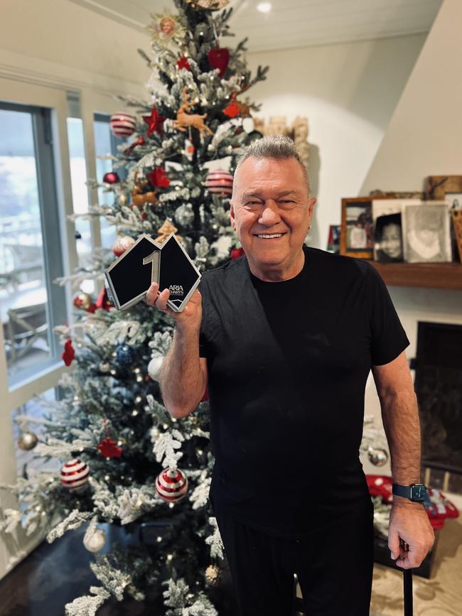 Jimmy Barnes with his cane, pictured at home in Berrima, NSW, celebrating another ARIA No.1 this week. Picture: Ben Rodgers