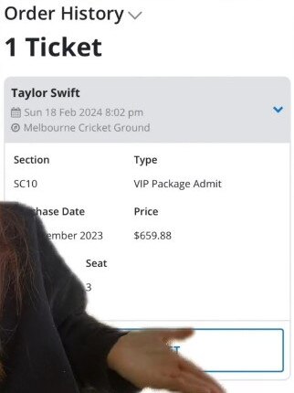 A Melbourne woman has had her Taylor Swift ticket ‘stolen’ from her Ticketek account. Picture: TikTok