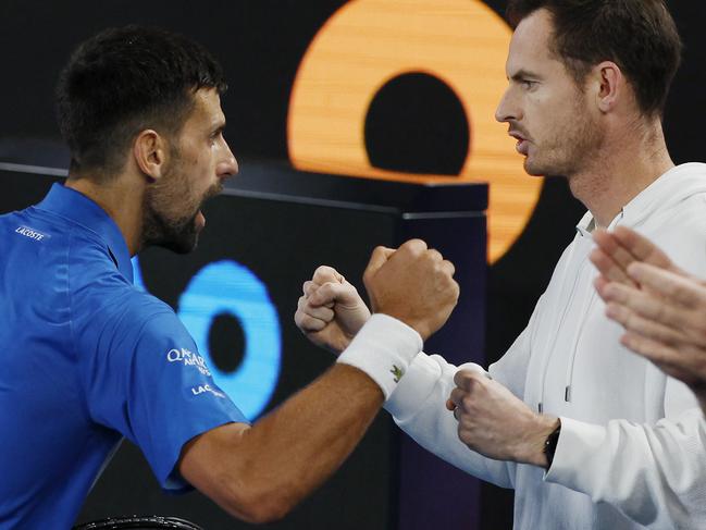 NCA. MELBOURNE, AUSTRALIA. 19th January 2025.   Day 10. Australian Open Tennis at Melbourne Park.   Novak Djokovic vs Carlos Alcaraz on Rod Laver Arena.   Novak Djokovic celebrates winning in 4 sets with his coach Andy Murray   .  Picture: Michael Klein