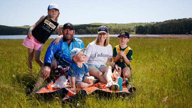 Carla and Travis Humphrys with their children Balian, 9 Tessa, 6 and Scotty, 2 at the Myponga Reservoir. Picture: Matt Turner