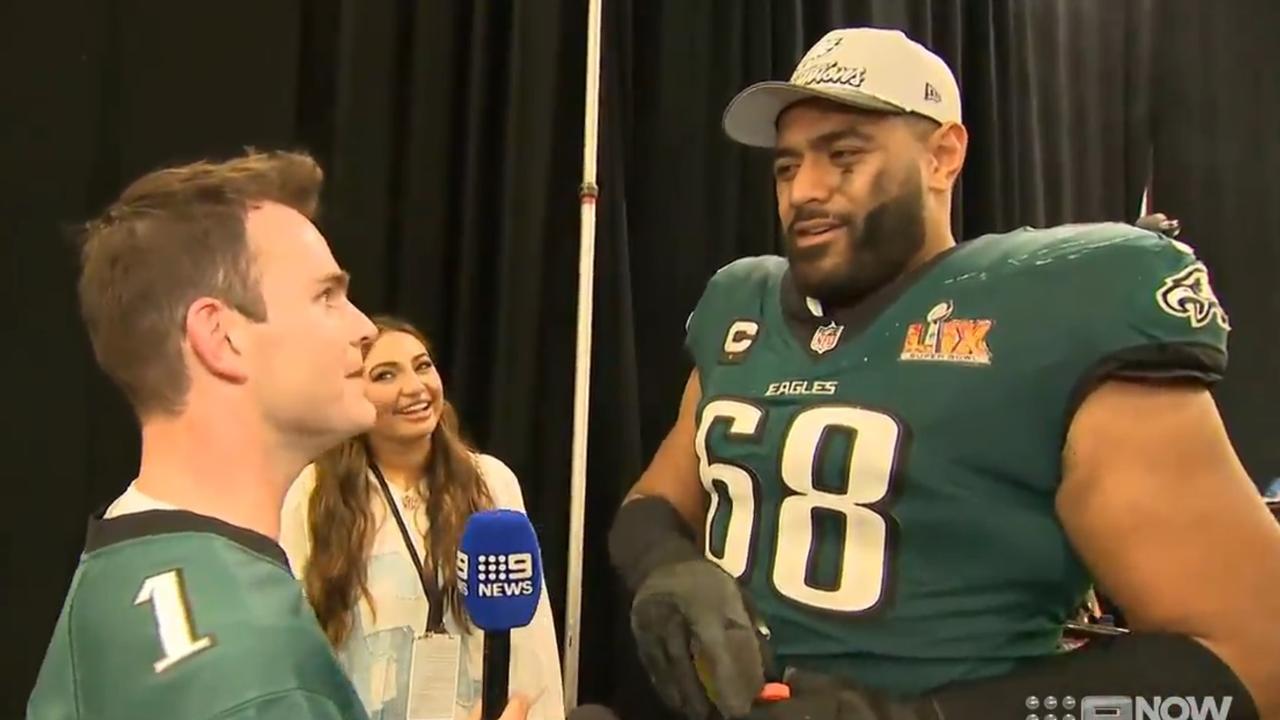 Jordan Mailata was ready for a shower … with his wife. Credit: Nine News