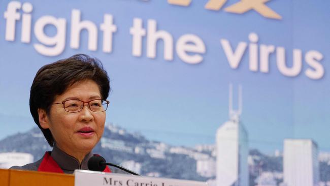 Hong Kong's chief executive Carrie Lam speaks about her government’s anti-coronavirus controls. Picture: AFP