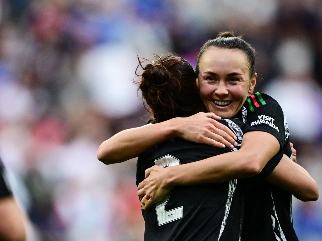 Australia’s Caitlin Foord (R) celebrates Arsenal’s win – which booked them a spot in the Champions League final. Picture: Getty