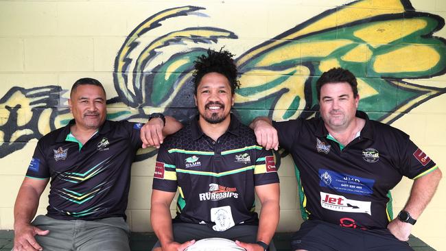 Helensvale Hornets Rugby League Coach Clinton Toopi (C) with Assistant Coach Julius Kuresa (LEFT) and President Wayne Court (RIGHT) at Robert Dalley Park Helensvale. Photograph: Jason O'Brien