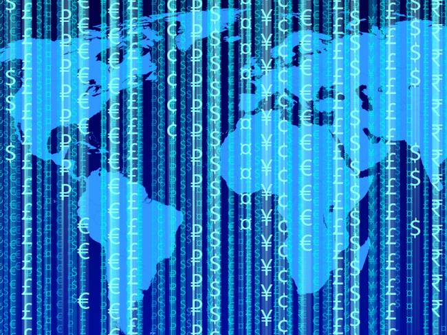 Currency symbols in the form of a matrix of binary code on the background of a blue world map.