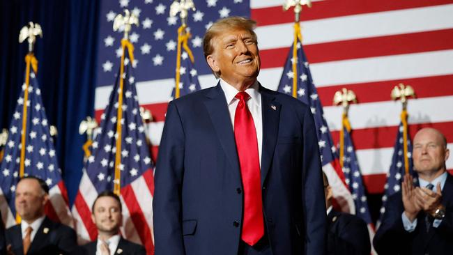 Former President Donald Trump speaks at his caucus night event at the Iowa Events Center. Picture: Getty Images