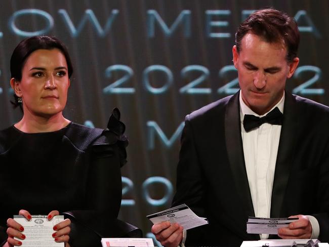 MELBOURNE, AUSTRALIA - SEPTEMBER 18: Laura Kane, General Manager - AFL Competitions and Andrew Dillon, Executive General Manager, General Counsel count the votes during the 2022 Brownlow Medal at Crown Palladium on September 18, 2022 in Melbourne, Australia. (Photo by Dylan Burns/AFL Photos)