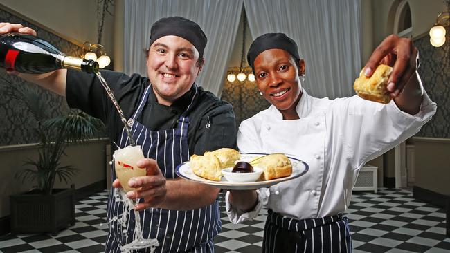 Chef from Hadleys Hotel Matt Harriss and head chef Simone Coley with champagne and scones they will have on Mother's Day for their high tea at home. Picture: Zak Simmonds