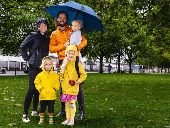 Caitlin and James Abbey with their children Ted, aged 3, Clare, aged 5, and Hazel, aged 1 are visiting Tasmania from Melbourne. Picture: Linda Higginson