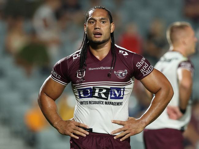 Martin Taupau on the field for Manly Sea Eagles on Friday. Picture: Ashley Feder/Getty Images