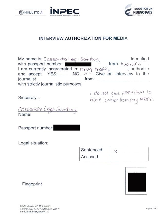 The letter in which Cassie Sainsbury refused media contact.