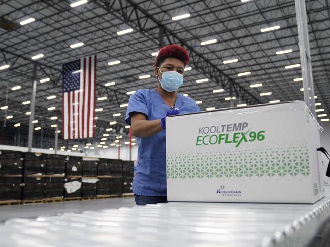 Boxes containing the Moderna vaccine are prepared to be shipped at the McKesson distribution centre in Olive Branch, Mississippi. Picture: AFP