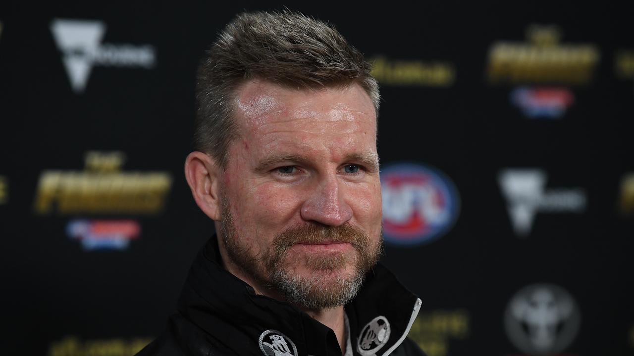 Magpies coach Nathan Buckley is seen at a media conference before the AFL Grand Final Parade in Melbourne, Friday, September 28, 2018. The Collingwood Magpies play the West Coast Eagles in tomorrow's AFL Grand Final. (AAP Image/Julian Smith) NO ARCHIVING