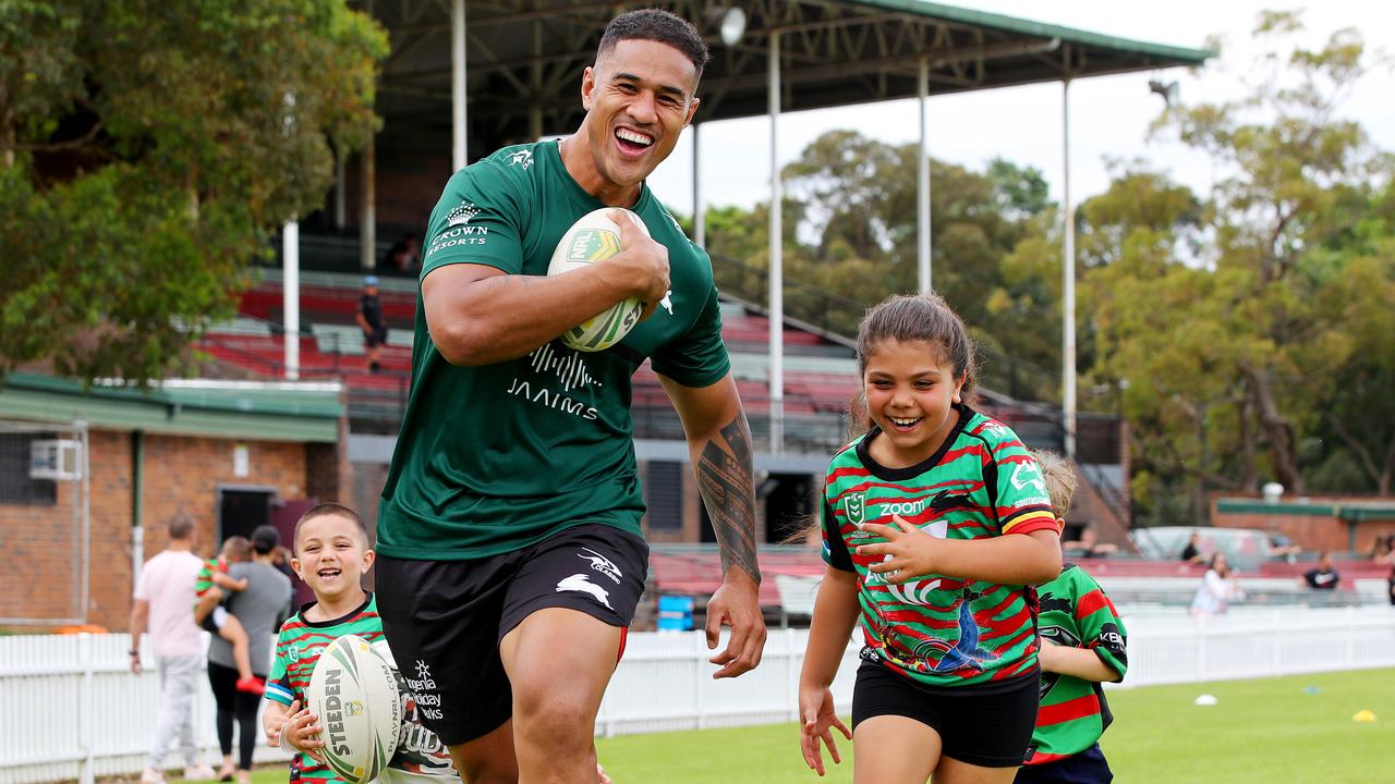 New South Sydney recruit Michael Chee Kam pictured during his first week of training, taking part in a kids coaching clinic at Erskineville Oval. Picture: Toby Zerna