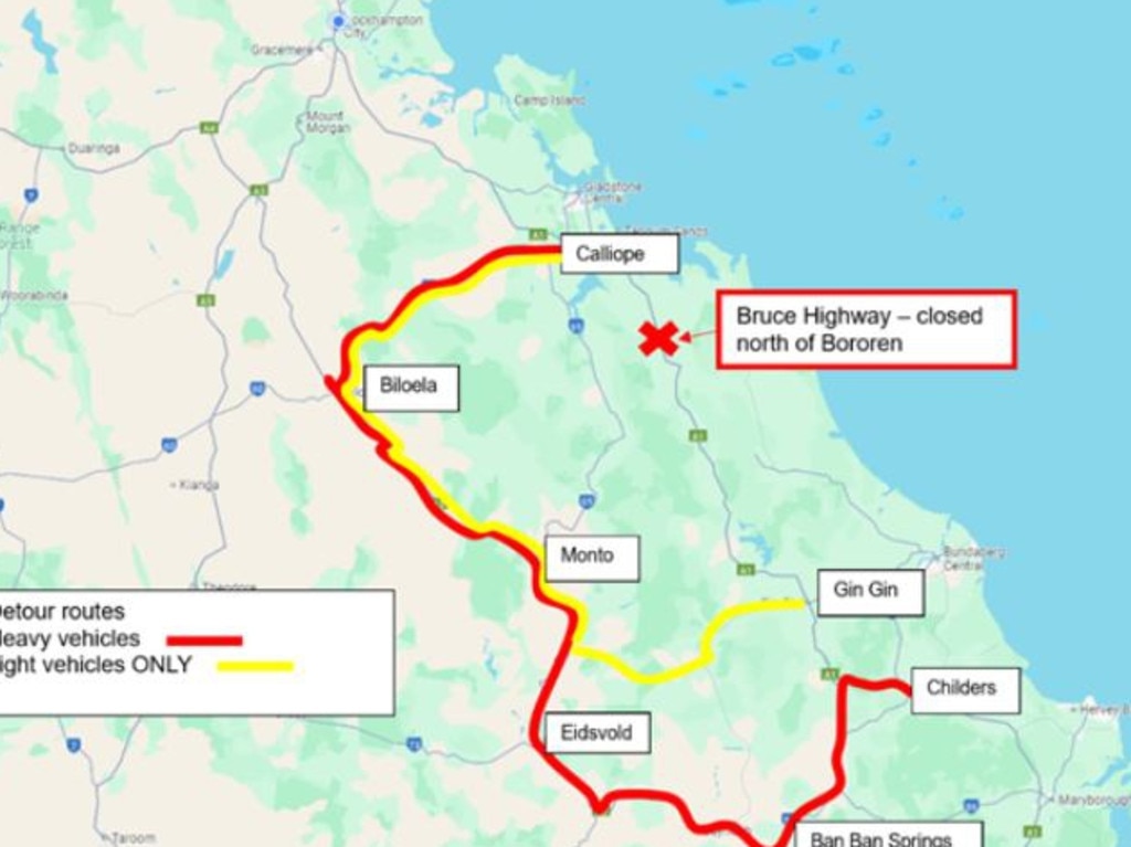 Bruce Highway is closed from Gin Gin to Calliope with major detours in place.