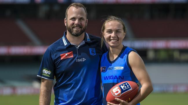 Sturt coach Michael O'Connor and captain Maya Rigter. The Double Blues have plenty to smile about and are top of the SANFLW ladder after six rounds. Picture: SANFL