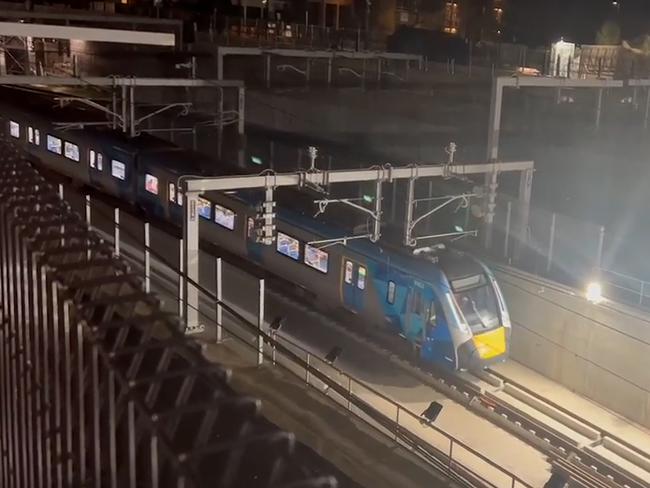 The first train in the Metro tunnel has hit the tracks. Picture: Supplied