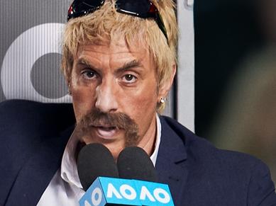 Sacha Baron Cohen as his new character, an Australian called "The Rogue Umpire." , Baron Cohen created the character for an Uber Eats TV campaign, co-starring Nick Kyrgios, which will air during the Australian Open