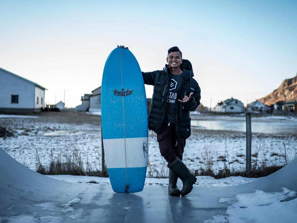 Eddie Siswanto, a 30-year-old handyman from Bali, poses on March 8, 2018, in Unstad, northern Norway, Lofoten islands, within Arctic Circle. Eddie Siswanto, Bali, 30, handyman “I started surfing when I was 17 in Bali, following a long period of skateboard, I met a Norwegian girl and moved to Norway, the exact opposite to Bali, from a tropical country to an Arctic country! The waves are exactly the same as in Bali, the water temperature is just 25°C less in winter time. The wetsuit, thick boots and gloves, change the touch of your board because in Bali you surf in a bathing suit all year long. Now I’m used to it but I am still happy to surf barefoot at summer time, with an integral wetsuit on, because water temp is 14-15C max, but I feel more at home...”. Picture: AFP
