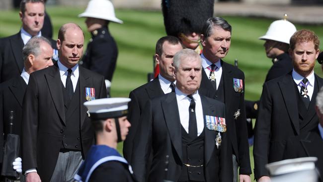 Prince Andrew, Duke of York; Prince Harry, Duke of Sussex; and Prince William, Duke of Cambridge walk behind the Duke of Edinburgh’s coffin. Picture: Getty Images