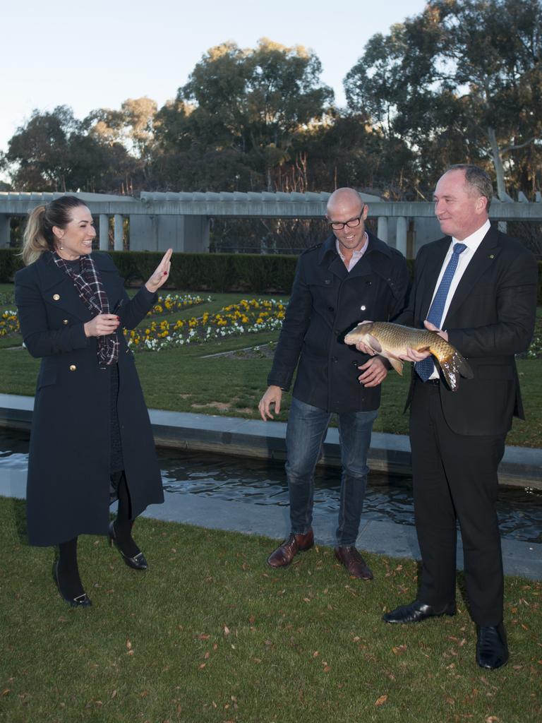 Former media adviser Vikki Campion and Matt Barwick , National Carp Control Plan Coordinator, with Barnaby Joyce on 1st of June, 2017 . Picture: Tom Chesson