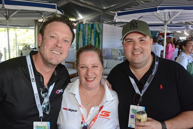 Alex Kerley, Stephanie Crockford and Adrian Foo in The Lounge at GC500 corporate suites, Main Beach. Pic: Regina King