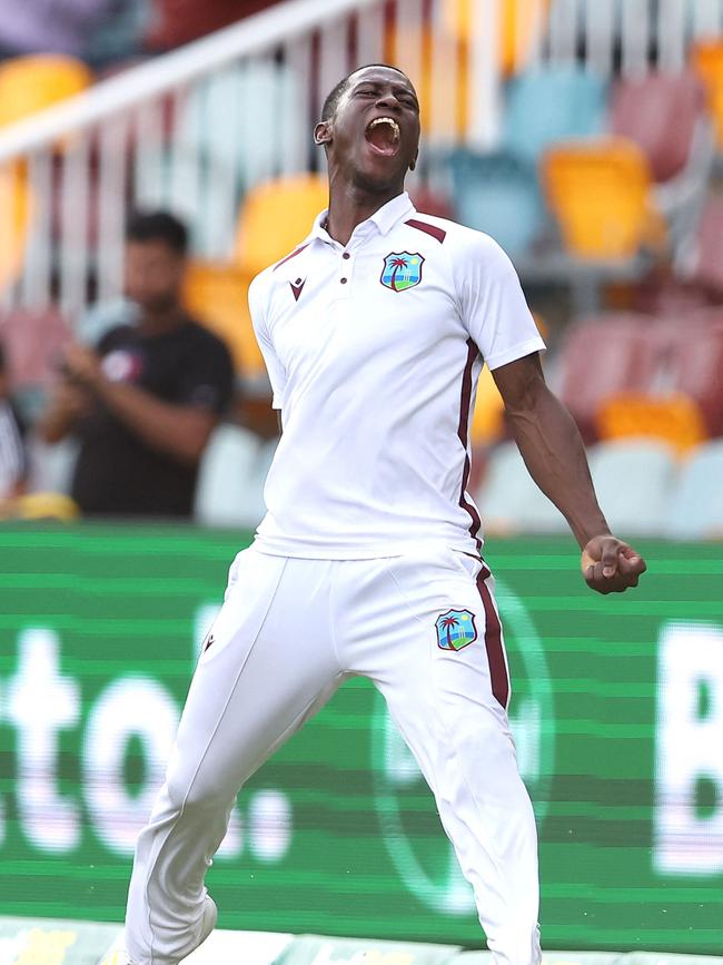 Shamar Joseph of the West Indies dismisses Josh Hazlewood of Australia, sealing a win for the West Indies during day four of the second cricket Test match between Australia and West Indies at the Gabba in Brisbane. Photo by Pat Hoelscher.