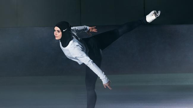 Figure skater Zahra Lari wears the new Nike Pro Hijab, which was designed for Muslim athletes. The hijab features a lightweight breathable mesh that is designed not to shift. Picture: Supplied.