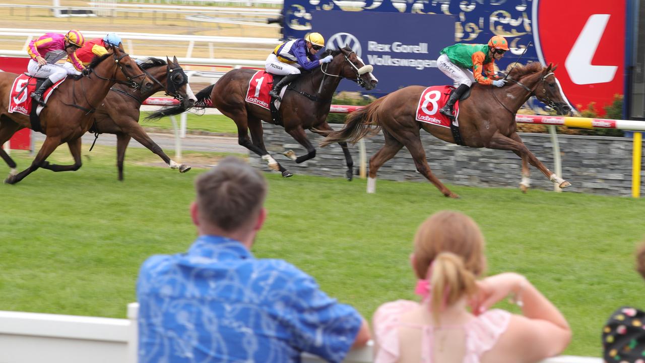 Race three winning horse Capricorn Star ridden by Jamie Mott out front. Picture: Mark Wilson.