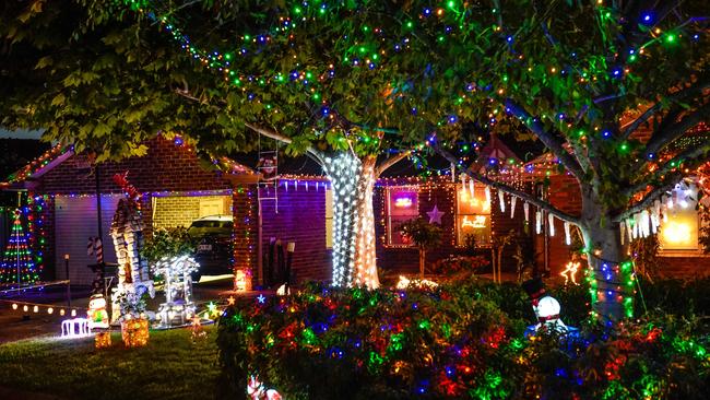 Michelle Zweck’s Christmas lights display on Leewood Court, Paradise. Picture: AAP/Roy VanDerVegt