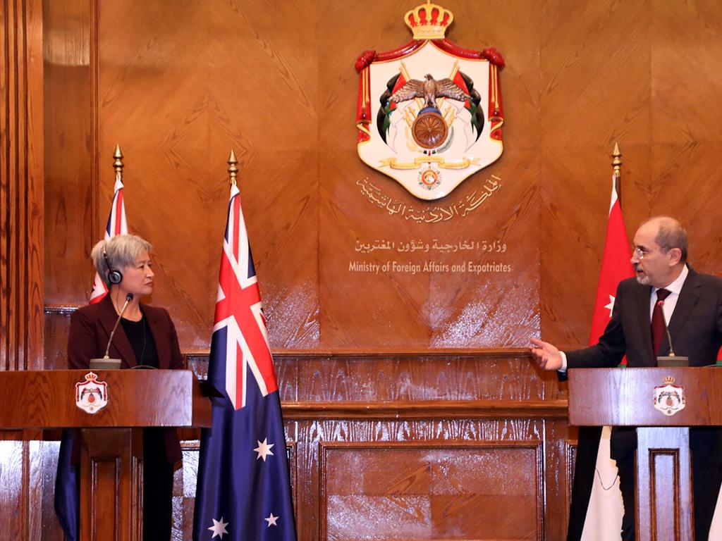 Foreign Minister Penny Wong with Jordanian Foreign Minister Ayman Safadi. Picture: AFP