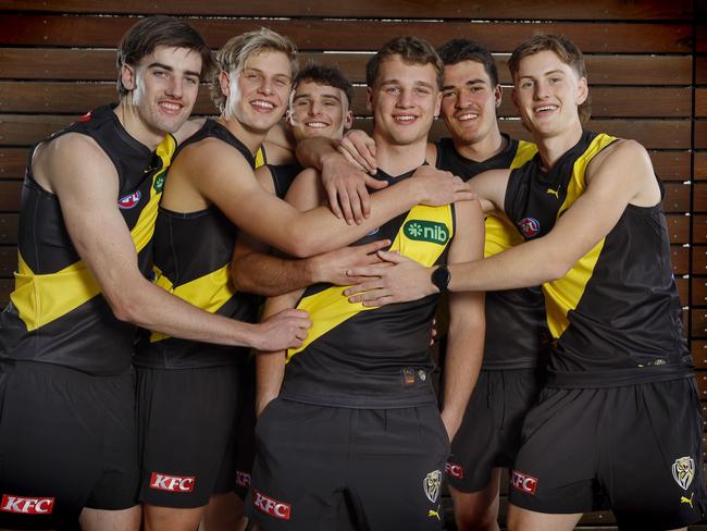 NCA. MELBOURNE, AUSTRALIA. 21th November 2024.  AFL Draft at Marvel Stadium.   First round draft selections gather at Marvel Stadium the morning after the draft  . 6 new tiger cubs. L-R.  Jonty Faull, Josh Smillie, Taj Hotton, Sam Lalor, Harry Armstrong and Luke Trainor.  Picture: Michael Klein