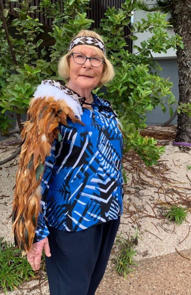 Retired Southport councillor Dawn Crichlow at Waitangi Day after receiving a traditional Maori headband and cloak.