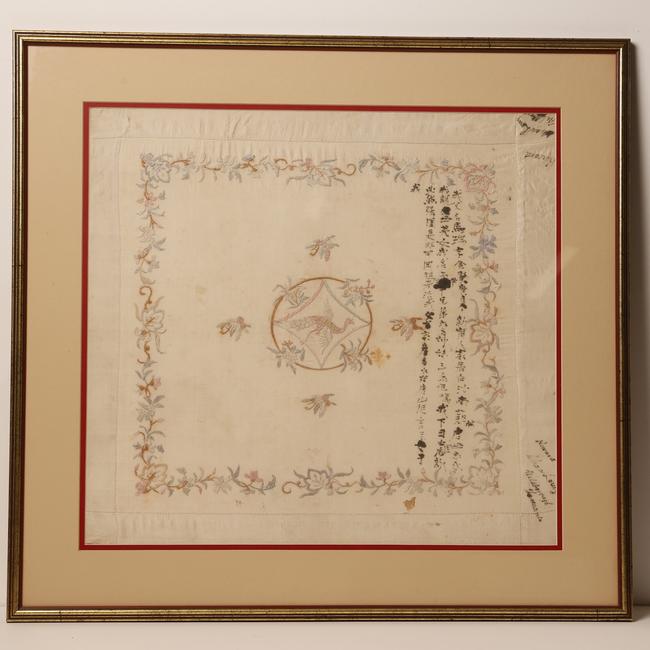 The handkerchief with handwritten Chinese characters, written by Jan Everett’s great grandfather, Ma Sui, in 1909. Picture: Nikki Davis-Jones