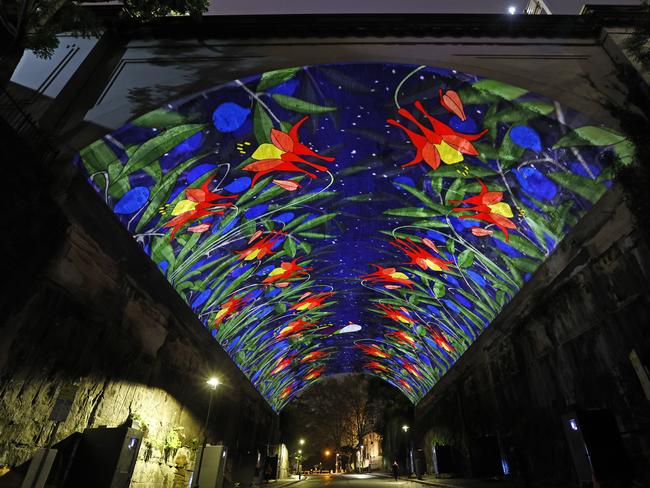 Harrington Street at The Rocks in Sydney is a preview of one of the 2025 Vivid projections which will feature around Circular Quay this year. Picture: Richard Dobson