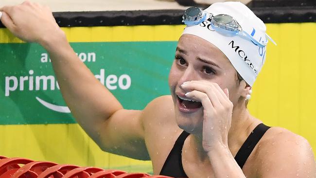 Kaylee McKeown in tears after breaking the the world record in her women's 100m backstroke final in Adelaide. Picture: Getty Images