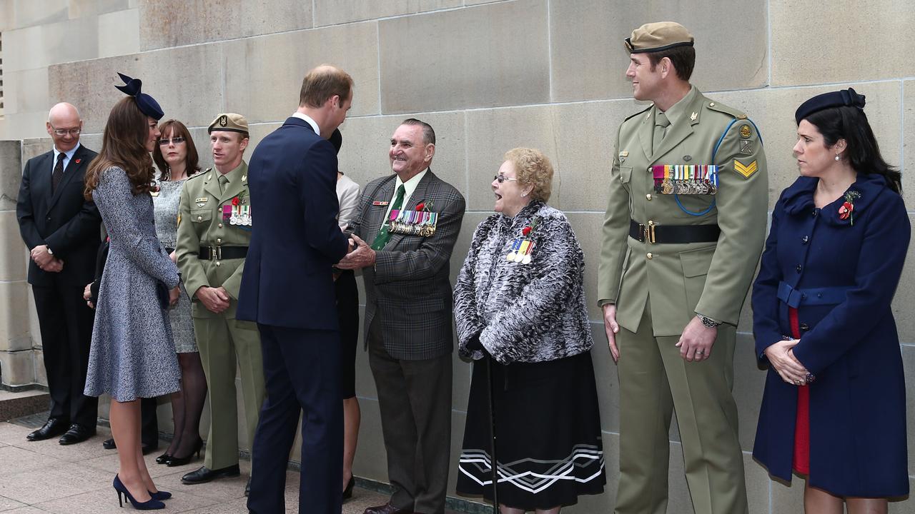 The Duke and Duchess of Cambridge greet Victoria Cross recipients during the Anzac Day ceremony at the Australian War Memorial on April 25, 2014. Picture: Alex Ellinghausen