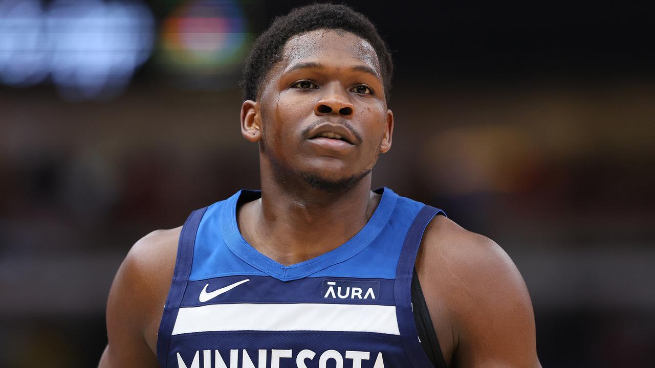 CHICAGO, ILLINOIS - OCTOBER 19: Anthony Edwards #5 of the Minnesota Timberwolves looks on against the Chicago Bulls during the first half of a preseason game at the United Center on October 19, 2023 in Chicago, Illinois. NOTE TO USER: User expressly acknowledges and agrees that, by downloading and or using this photograph, User is consenting to the terms and conditions of the Getty Images License Agreement. (Photo by Michael Reaves/Getty Images)