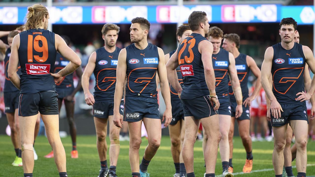 : Giants players look dejected after their loss to the Sydney Swans (Photo by Brett Hemmings/AFL Photos/via Getty Images )