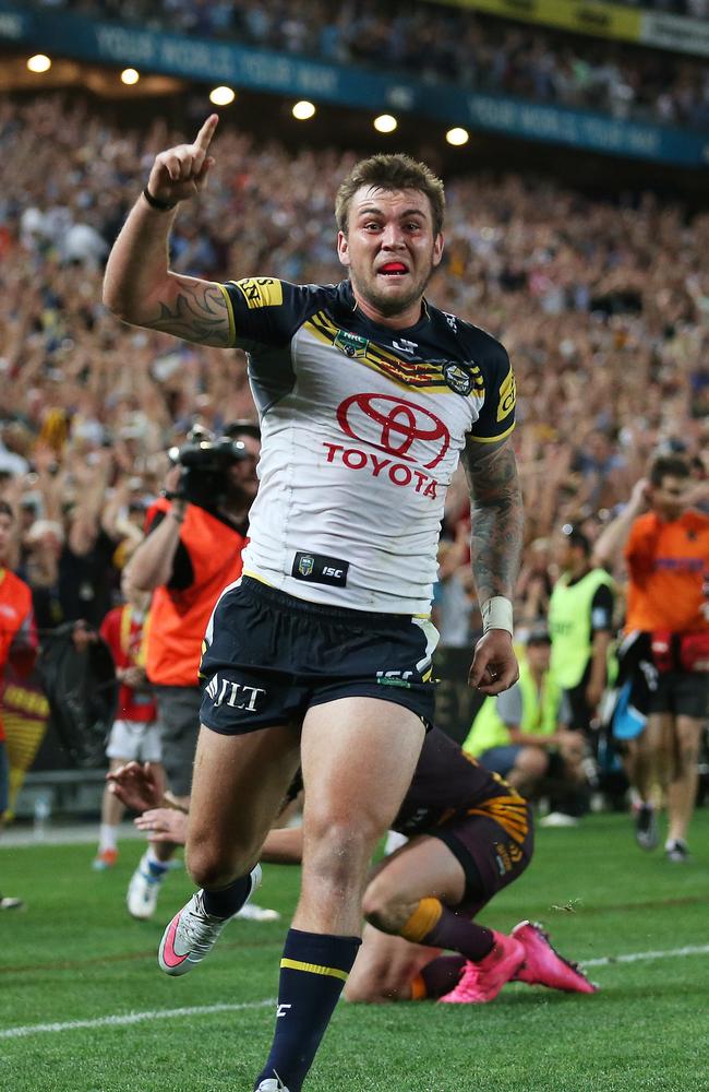 Cowboy's Kyle Feldt celebrates scoring a try to level the scores during the 2015 NRL Grand Final between the Brisbane Broncos and North Queensland Cowboys at ANZ Stadium. Picture. Phil Hillyard