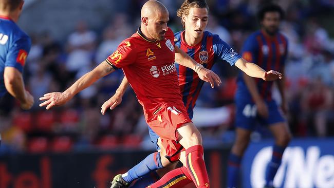 Adelaide United’s James Troisi will reacquaint himself with Brisbane Roar coach Robbie Fowler, 13 years after the pair faced off in England. Picture: AAP Image/Darren Pateman