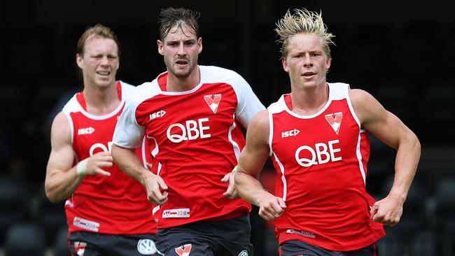 Alex Johnson trains alongside Isaac Heeney and Callum Mills. Picture: Brett Costello