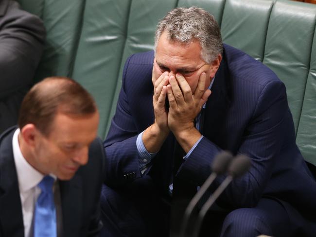 Budget is in their hands ... Prime Minister Tony Abbott with Treasurer Joe Hockey during Question Time in the House of Representatives in Parliament House Canberra.