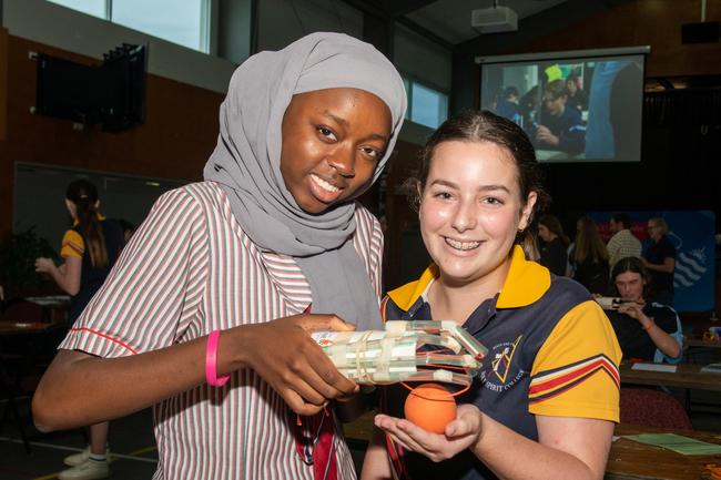 Jasmine Salmon from Whitsunday Anglican School and Georgia Borg from Holy Spirit College at the Science and Engineering Challenge hosted by Whitsunday Anglican School in Mackay. Picture: Michaela Harlow