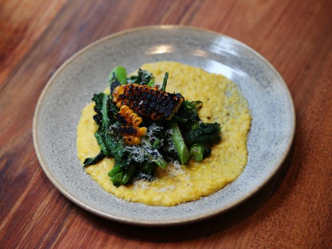 Charred cime di rapa teamed with creamed corn and kernels blackened on the grill. Picture: Rebecca Michael