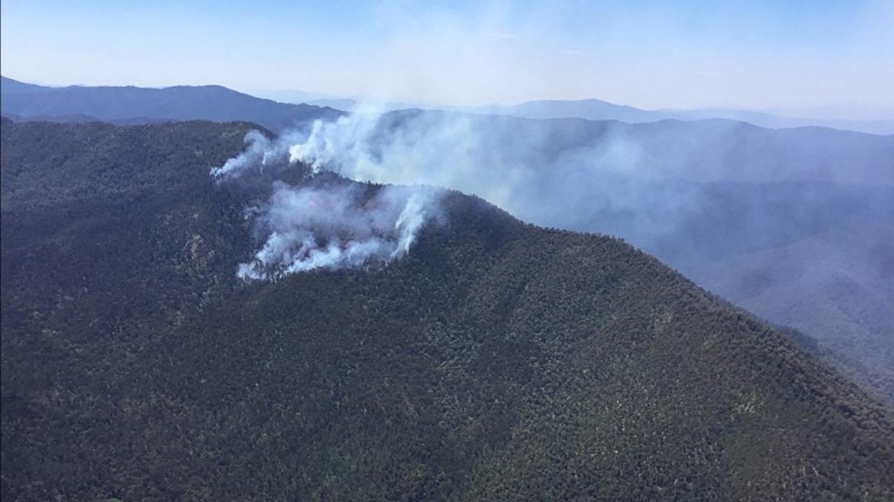 A supplied image obtained on Sunday, November 24, 2019, of a fire burning on Mount Buggery above the Buffalo River in the alpine region of Victoria. Picture: AAP/Supplied by Department of Environment, Land, Water &amp; Planning