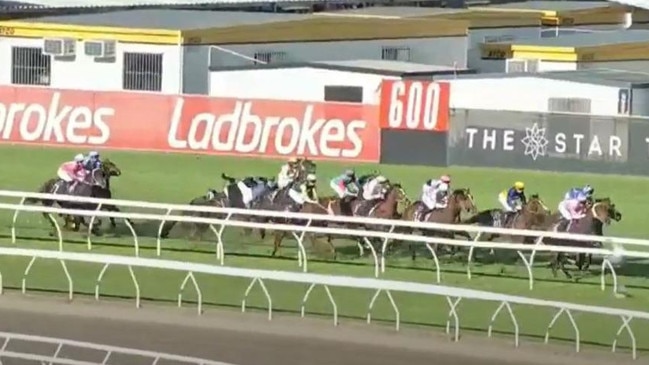 Robbie Dolan falls off Victory Command which led to the Eagle Farm July 20 meeting being abandoned. Picture: Sky Racing