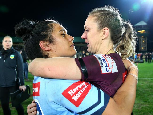 Vanessa Foliaki and  Karina Brown after they faced off in State of Origin. Pic: Adam Head