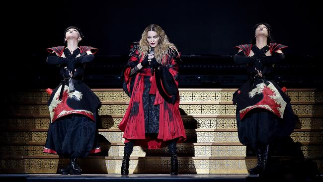 Guess who’s coming ... Madonna hits the Rebel Heart tour stage in London. Picture: Getty