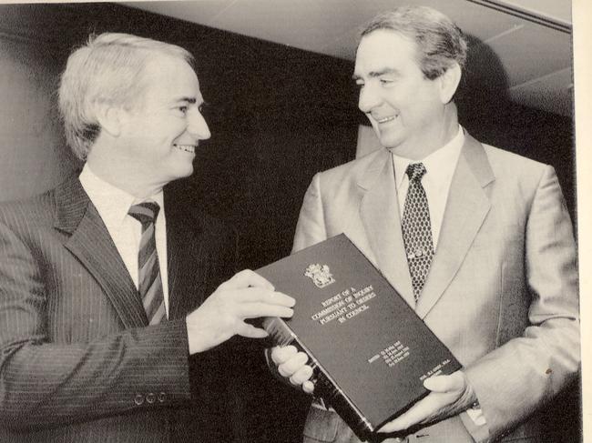 Undated : Tony Fitzgerald QC with premier Mike Ahern handing down the report of the Commission of Inquiry.